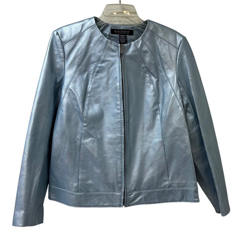 Dialogue Women's M Metallic Light Blue Leather Jacket Zip Front Collarless NEW
